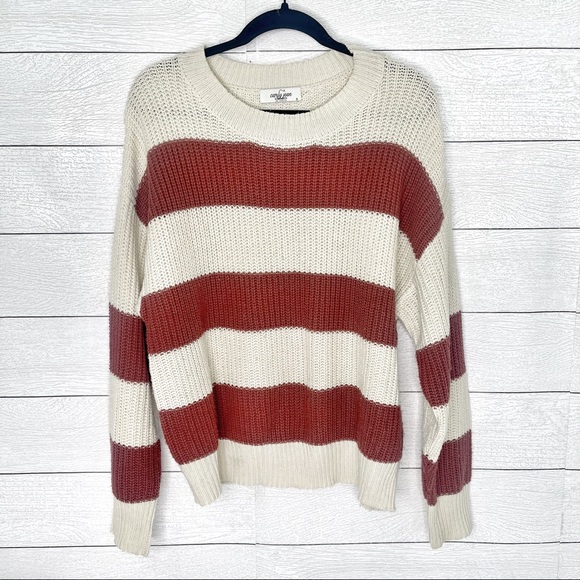 Carly Jean Los Angeles Sweaters - Carly Jean | Chunky Knit Crop Sweater Crewneck Cream Maroon Stripe